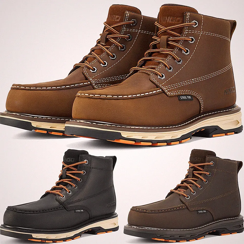NINGO Men Steel Toe Work Boots Puncture Proof Moc Toe Safety Shoes EH Protection