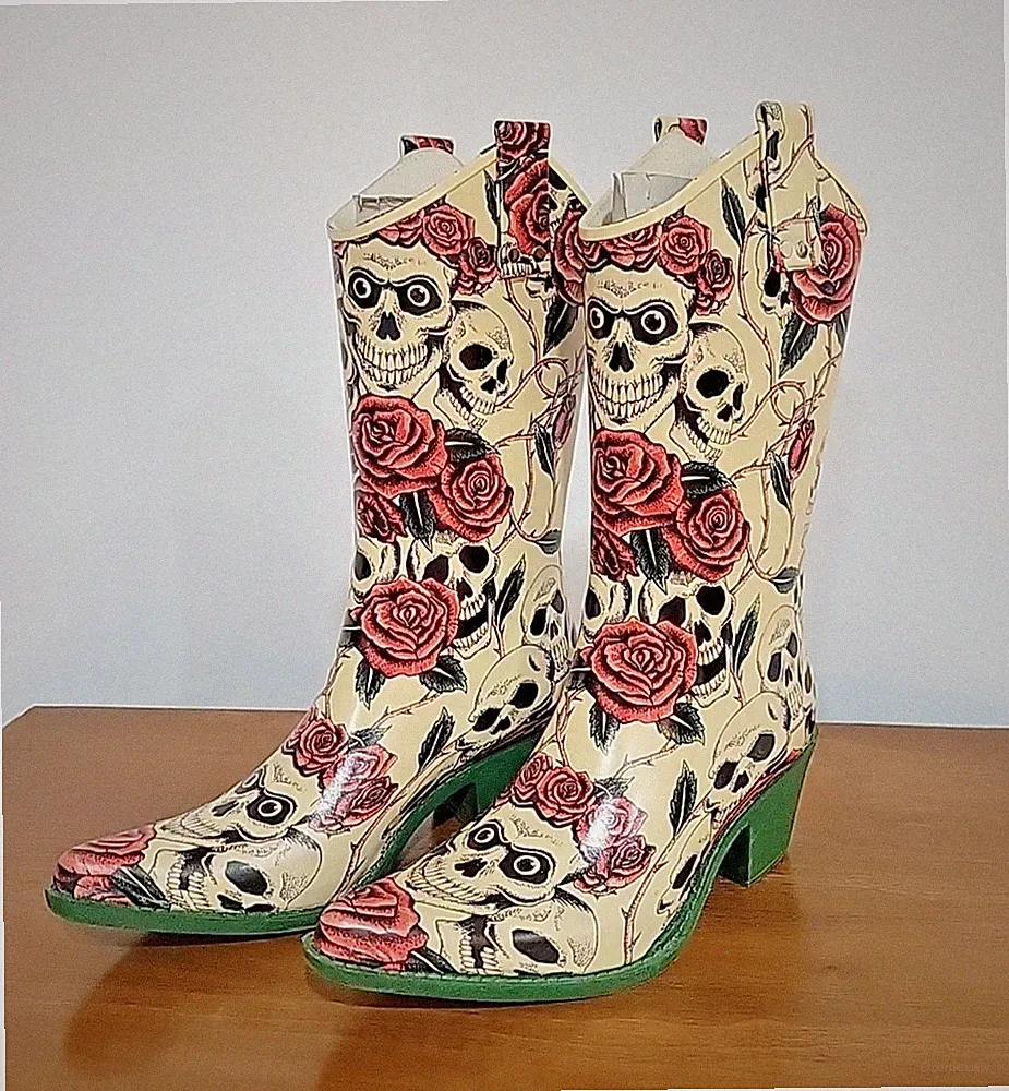Nomad Women's Size 6 Rain Boots Skull Skeleton Rose Snip Toe Cowboy Western
