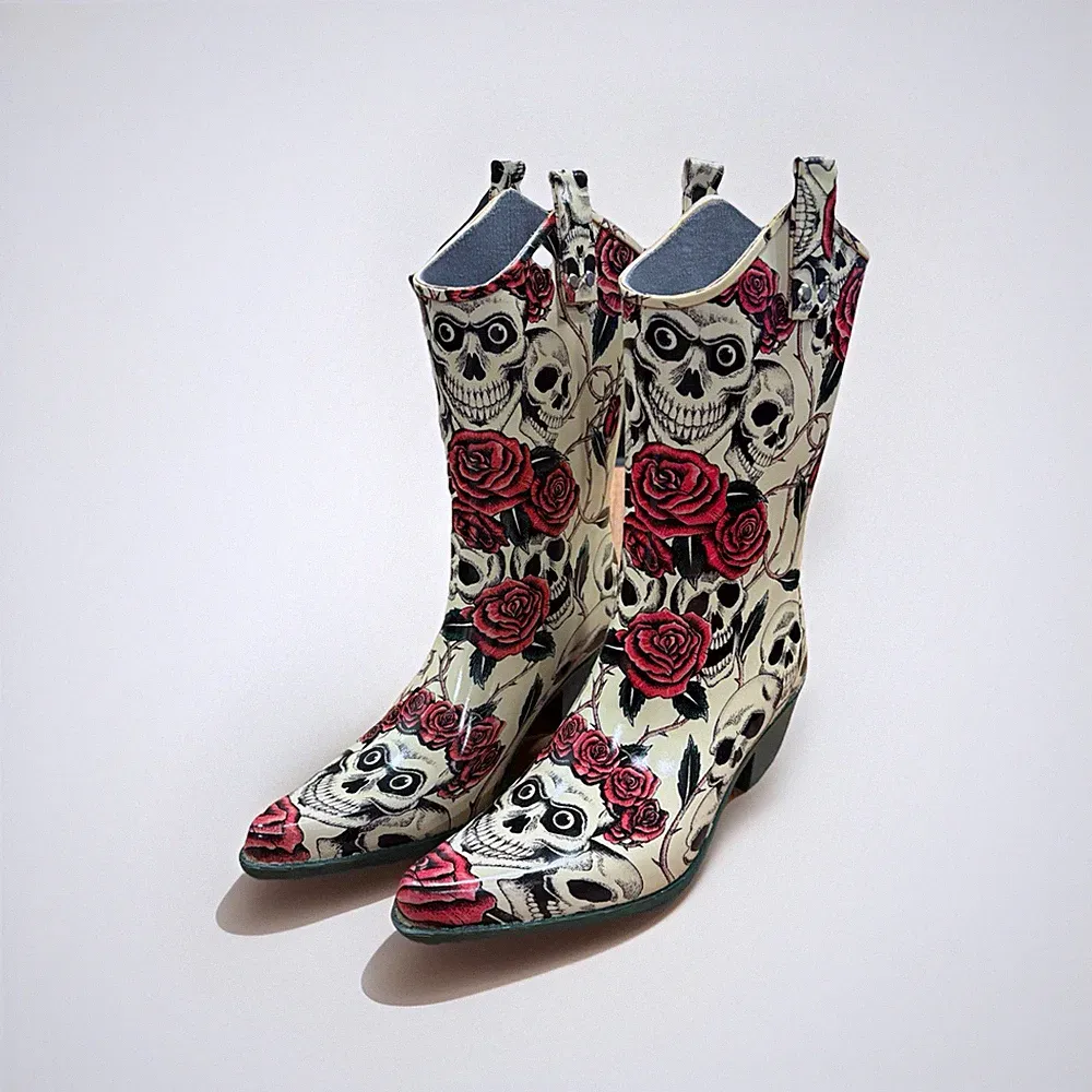 Nomad Womens 7 Rain Boots Skull Skeleton Rose Snip Toe Cowboy Western EUC $128 H