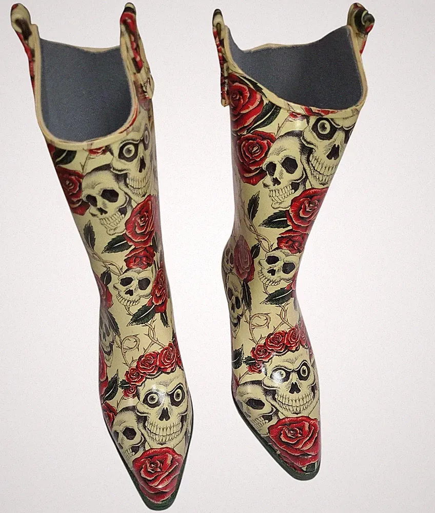 Nomad Womens Size 8 Rain Boots Skull and Roses Snip Toe Cowboy Western Boots NEW