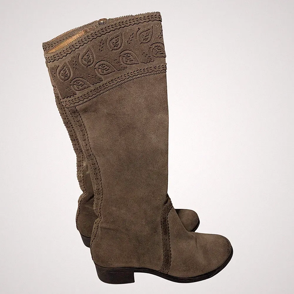 Nurture Tall Suede Boots Women 9.5M Brown Leather Embroidered Paisley Boho Chic