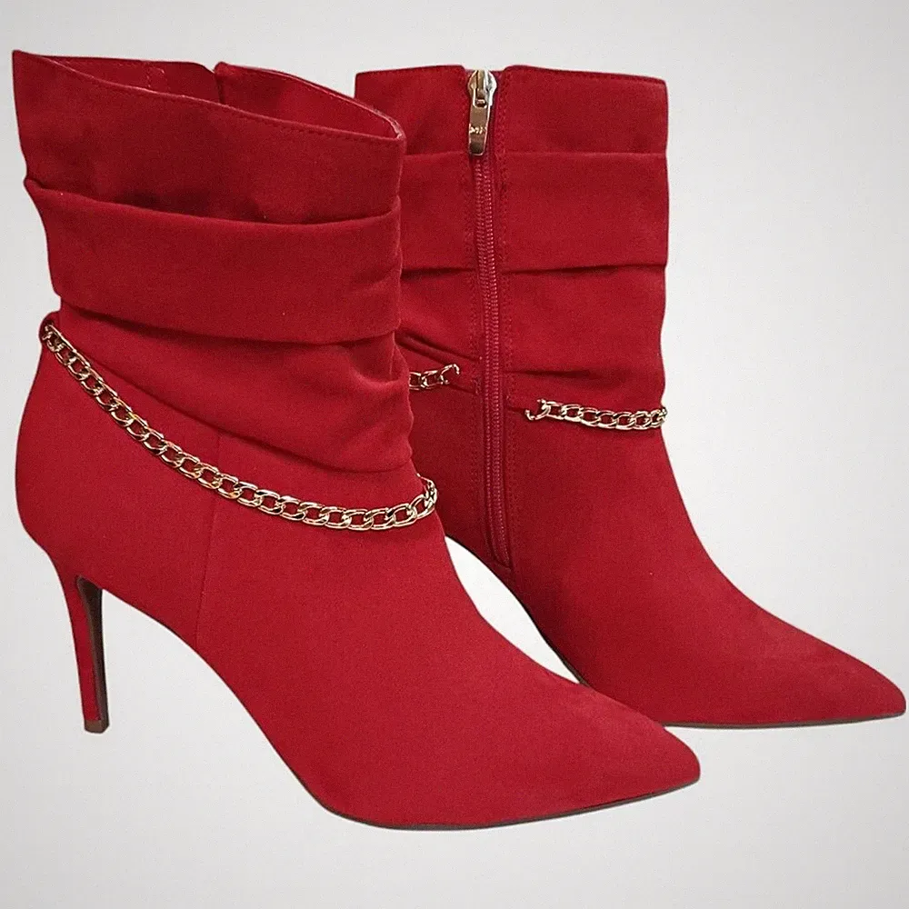 NWOT Marc Fisher Red Suede Ankle Boots 8.5 Gold Chain Stiletto Heels Bold Fierce
