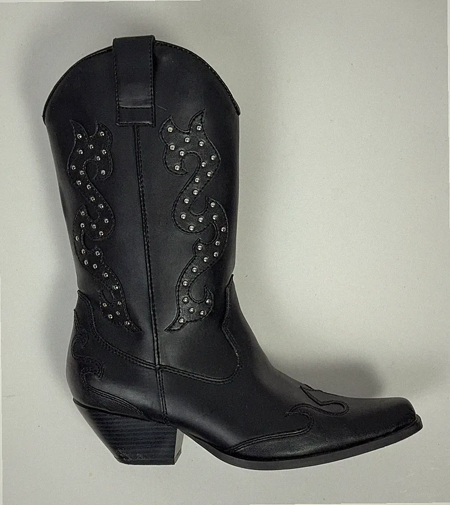 NWOTSydney Women's Western Boots Mid-Calf Snip Toe Studded Cowboy Blk Boots 7.5