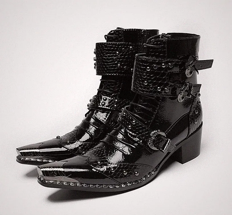 Occident Men's Club Ankle Boots Pointed Toe Buckle Rivets Nightclub Casual Shoes