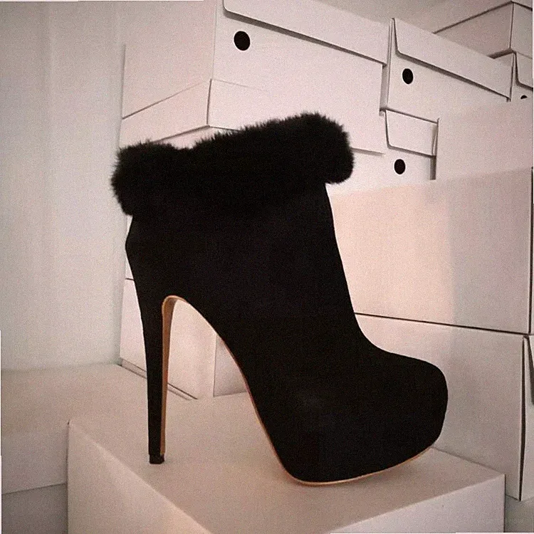 Occident Women Fur Trim Snow Ankle Boots Suede Platform High Heel Stiletto Shoes