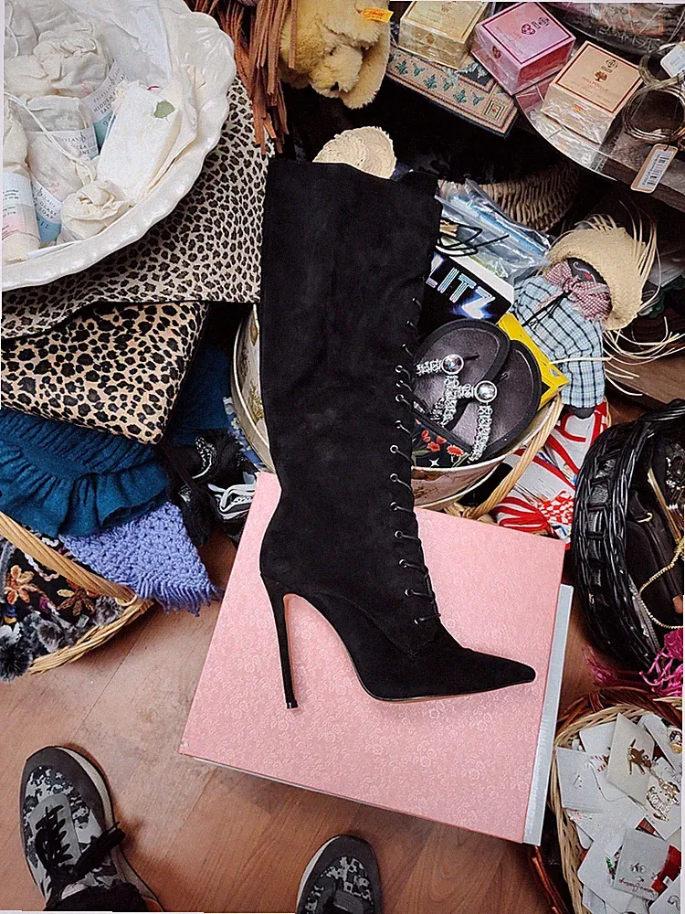 Onlymaker Women's Sexy Pointed Toe Lace Up Knee High Stiletto Heels Zipper Boots