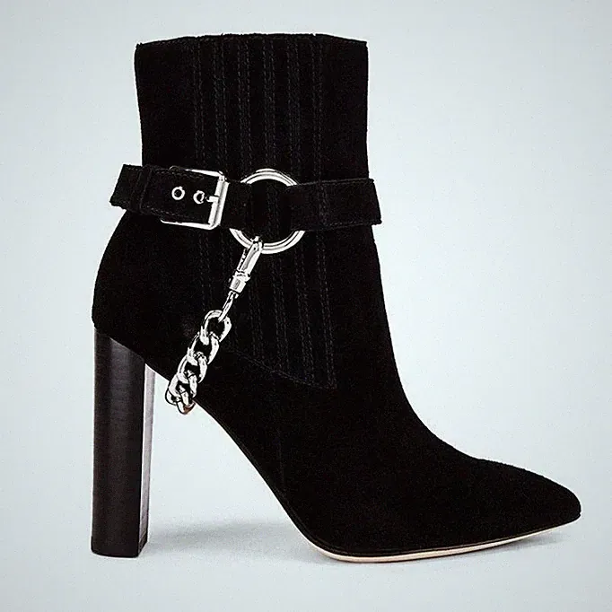 PAIGE London Black Suede Pointed Toe Block Heel Ankle Boots Chain Detail Sz. 7.5