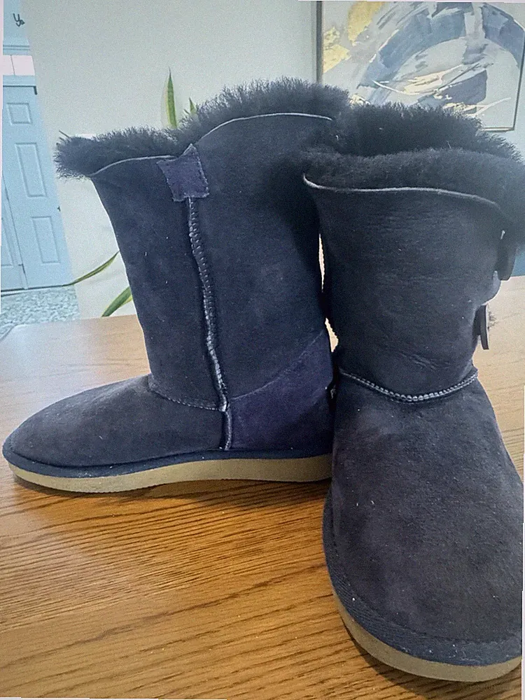 Pegia Dark Blue Suede Fur Lined Button Mid-Calf Winter Boots Women