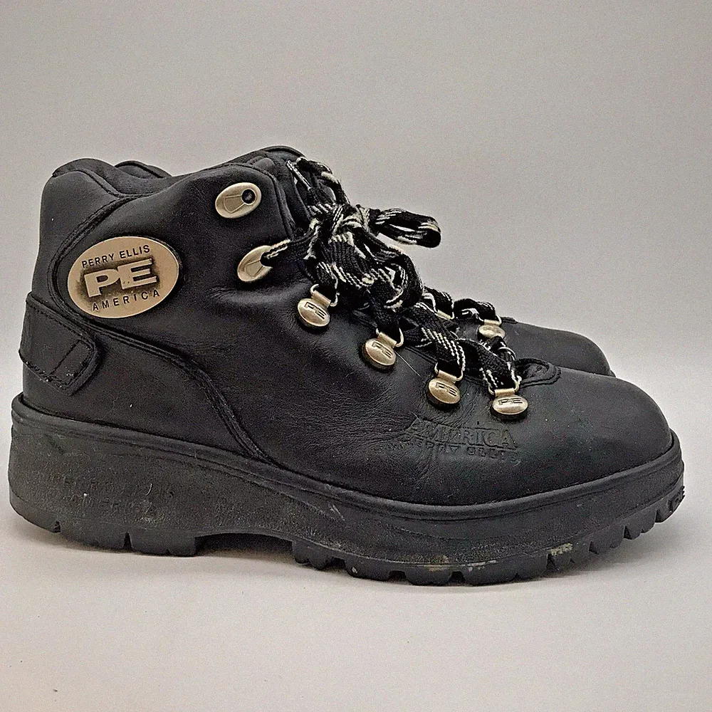 Perry Ellis America Buckle Up Hiking Boots Men's 10 Black Leather Lace Up Shoes