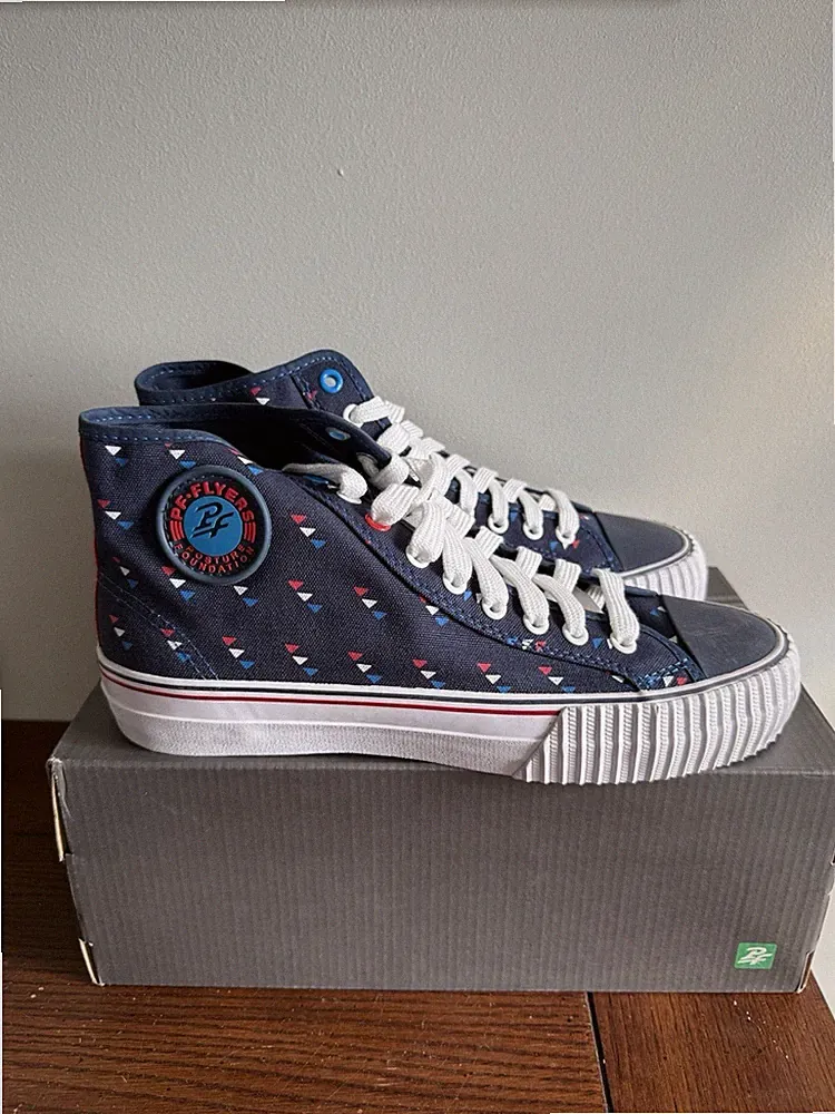 PF Flyers Navy print Canvas Center Hi High Top Sneakers Size M 8.5/W 10
