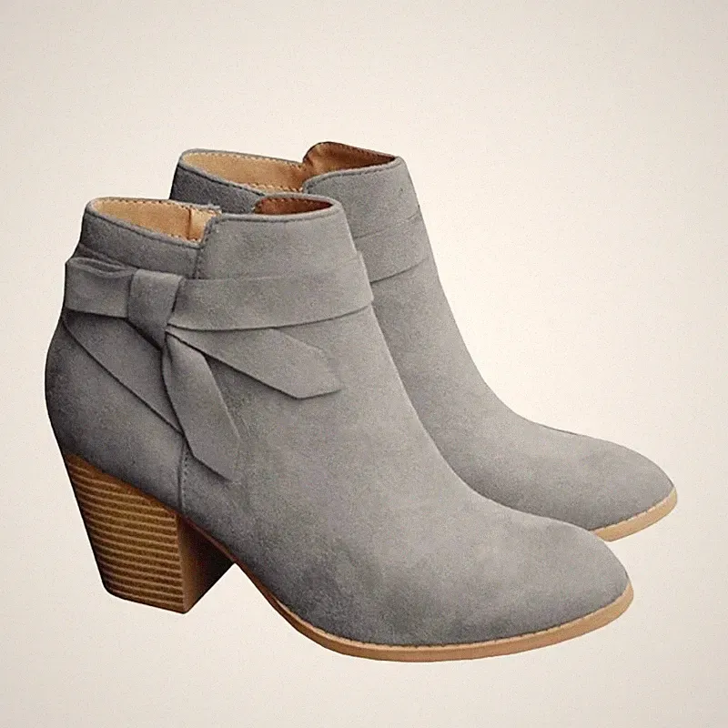 PiePieBuy Tie Knot Chelsea Pump Ankle Boots Closed Toe Faux Suede Gray Size 5.5