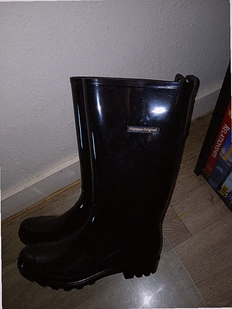 Planone Original Women's Black Glossy Knee High Pull-On Round Toe Rain Boots