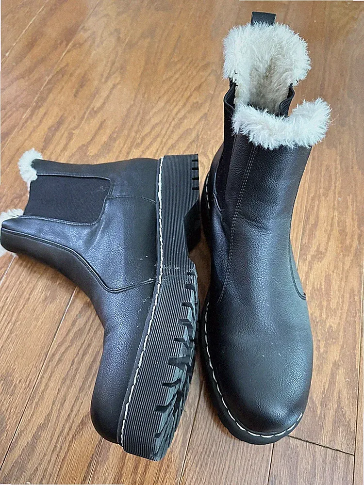 PORTLAND Black Faux Fur Trim Lined Closed Toe Chelsea Helena Pull On Boots 9.5