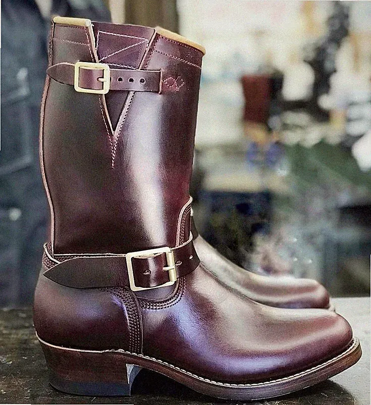 Premium Quality Men's Purple Leather Combat Boots Engineer Motorcycle Biker Boot