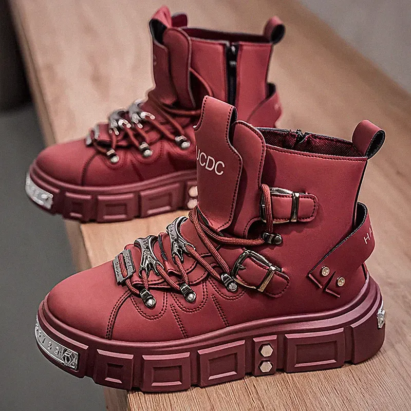 Punk Metal Motorcycle Boots for Mens High Top British Style Platform Biker Shoes