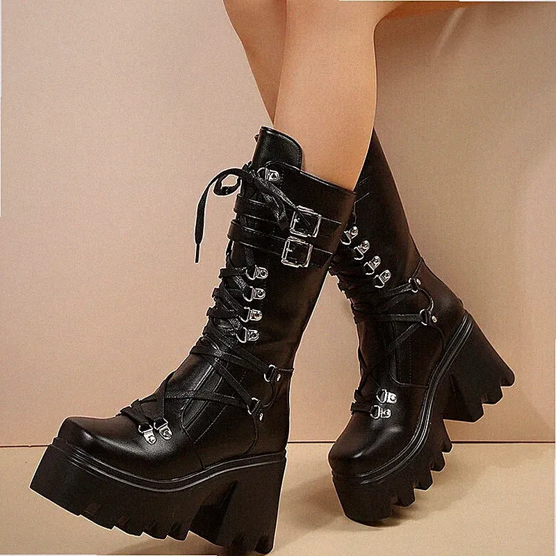 Punk Motorcycle Boots Wedges Platform Mid Calf Boots Sexy-Up Chunky Heel Booties