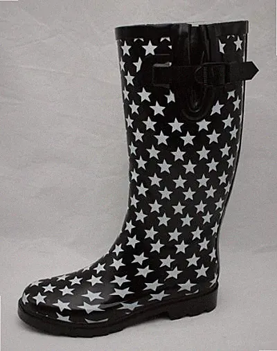 Rain Boots - MST-7088 Ladies Rubber Rain Boot black with white stars