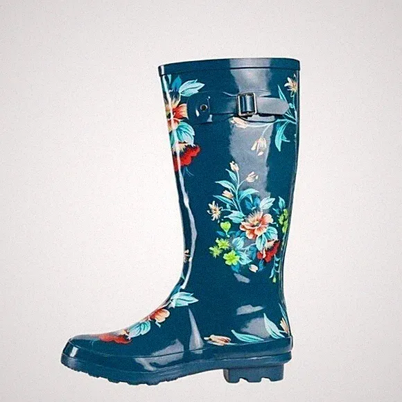 Rainy Day Floral Waterproof Boots Buckle Detail Tall Blue Garden Women