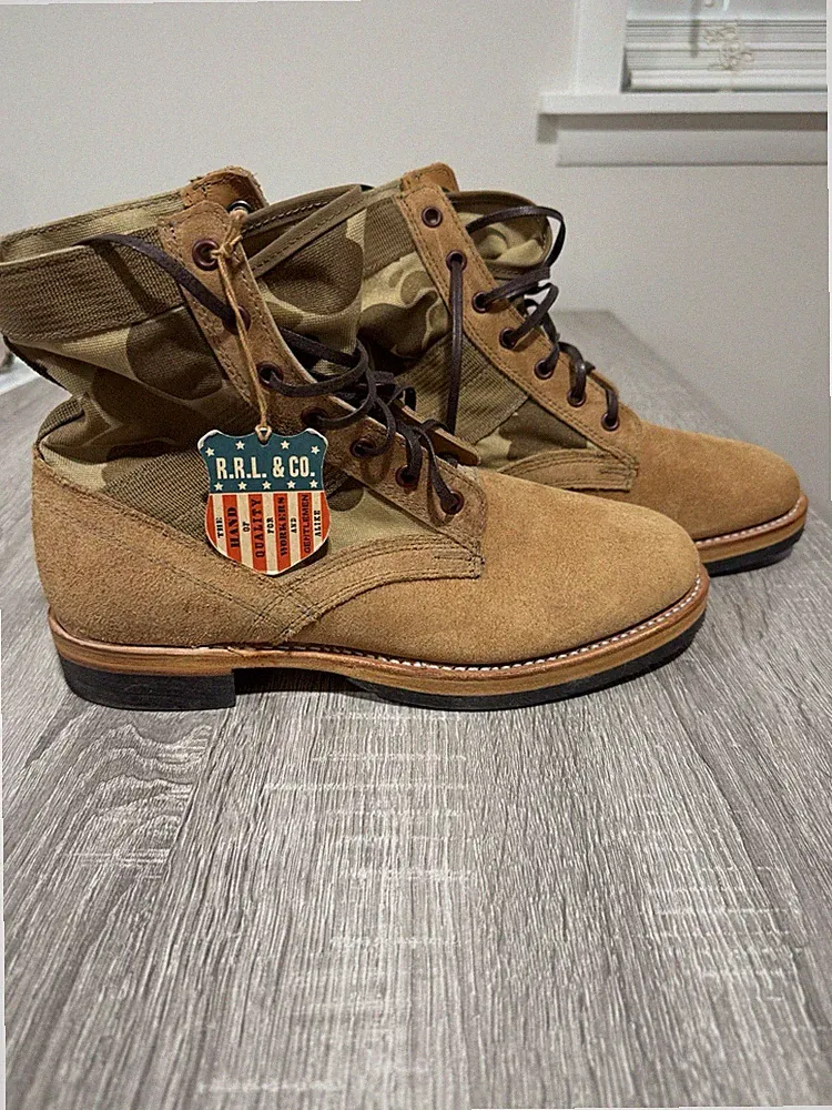 Ralph Lauren RRL Camouflage Canvas-Suede Combat Boots Sand Frogskin Camo Men's