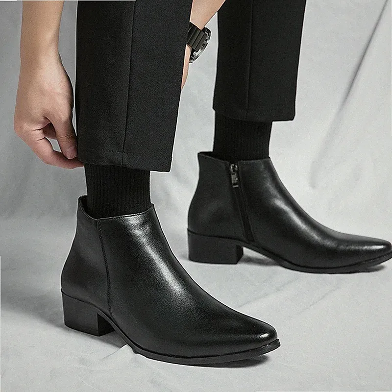 Real Leather Boots, Men's Chelsea, Quilting Cotton, High-top with Zipper Tip.