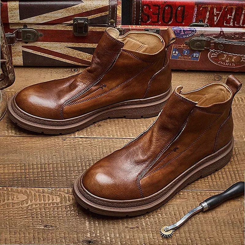 Retro British Men Real Leather Round Toe Thick Soled Work Chelsea Ankle Boots Sz