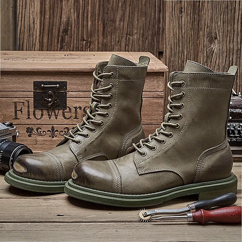Retro British Men Steel Toe Real Leather American Style Lace Up Motorcycle Boots