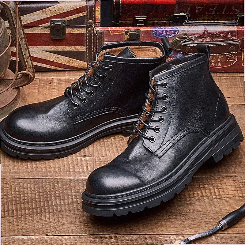 Retro Men Ankle Boots Casual Boots Fleece Lined Leather British Motorcycle Boots