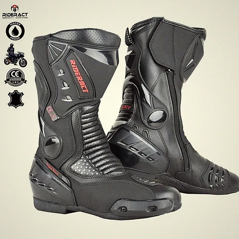 RIDERACT® Waterproof Motorcycle Boots Mens Black Motorbike Boots Race Ready