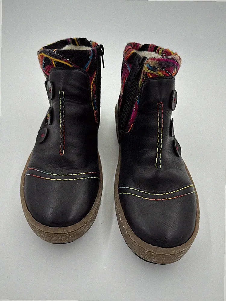 Rieker Felicitas Black Boots US 8 EU 39 Faux Leather Boho Knit Cuff Ankle