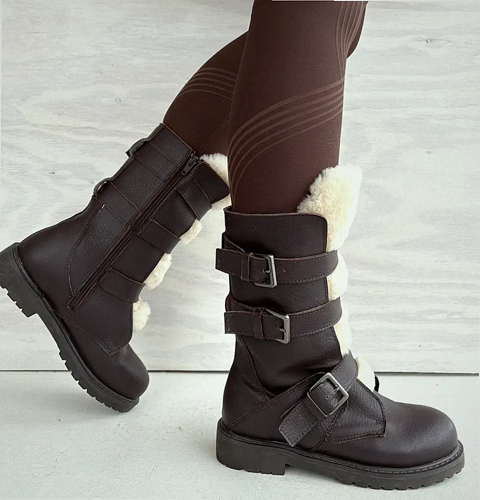 Rjs Fuzzies Viking Triple Buckle Biker Boots Shearling Tongue & Insole Size 7