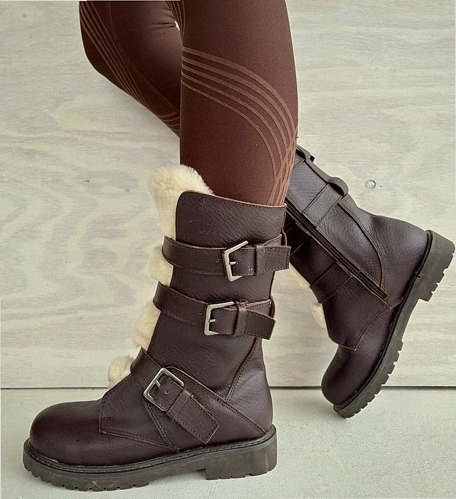 Rjs Fuzzies Viking Women’s Triple Buckle Biker Boots Shearling Tongue & Insole 7