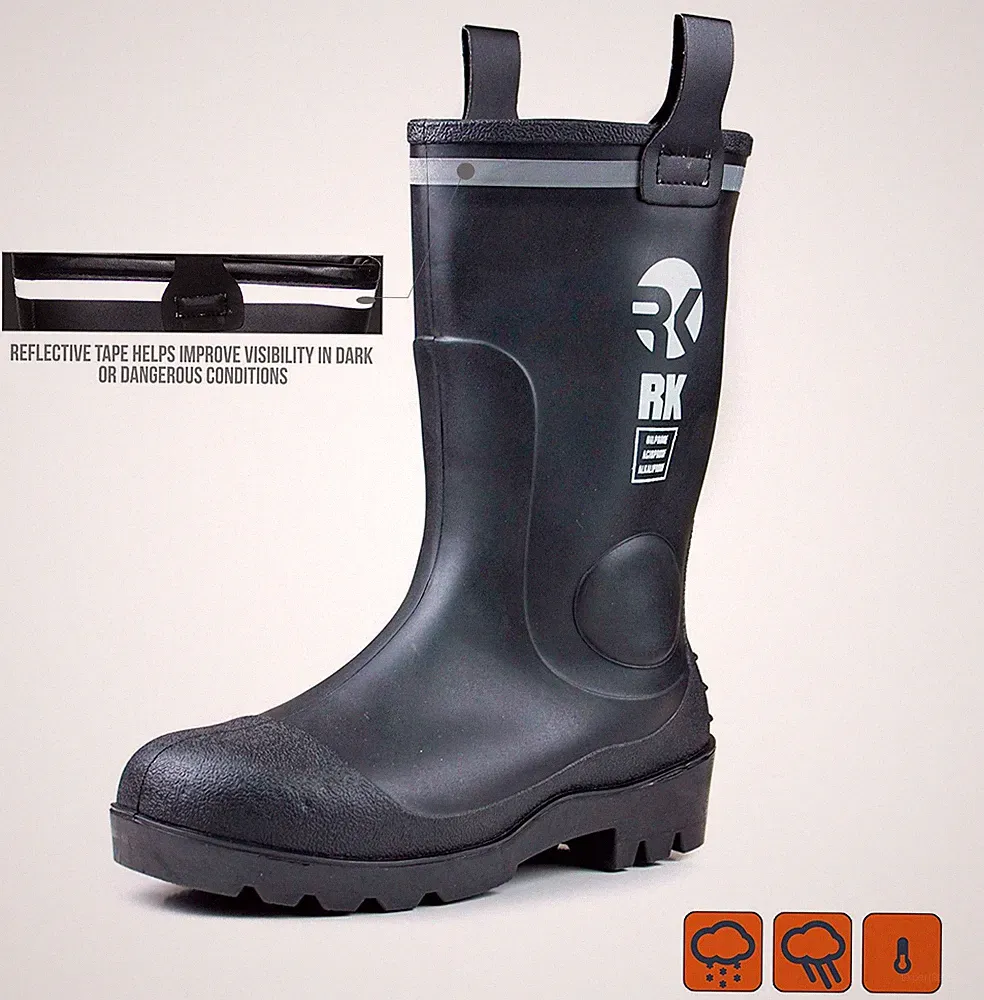 RK Mens Waterproof Rubber Sole Rain Boots - RKBS-BLK