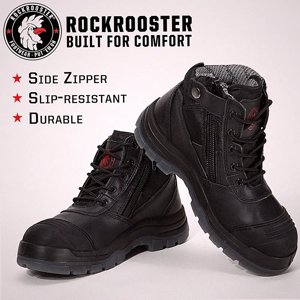 ROCKROOSTER Men's Wide Work Boots, Steel Toe 6 inch, Slip Resistant Safety boots