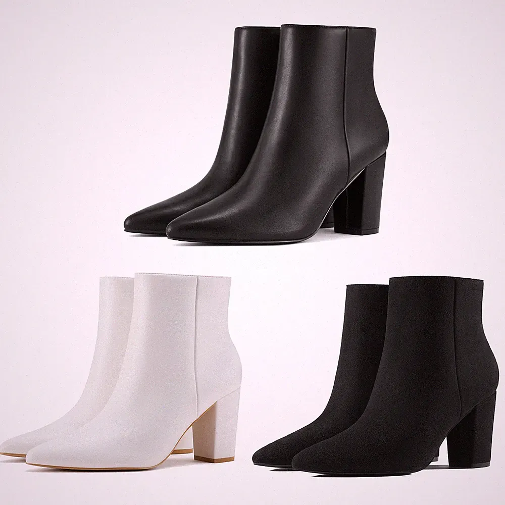 Rollda SUEDI Women's Pointed Toe Ankle Boots Chunky Heel Side Zip Booties Party