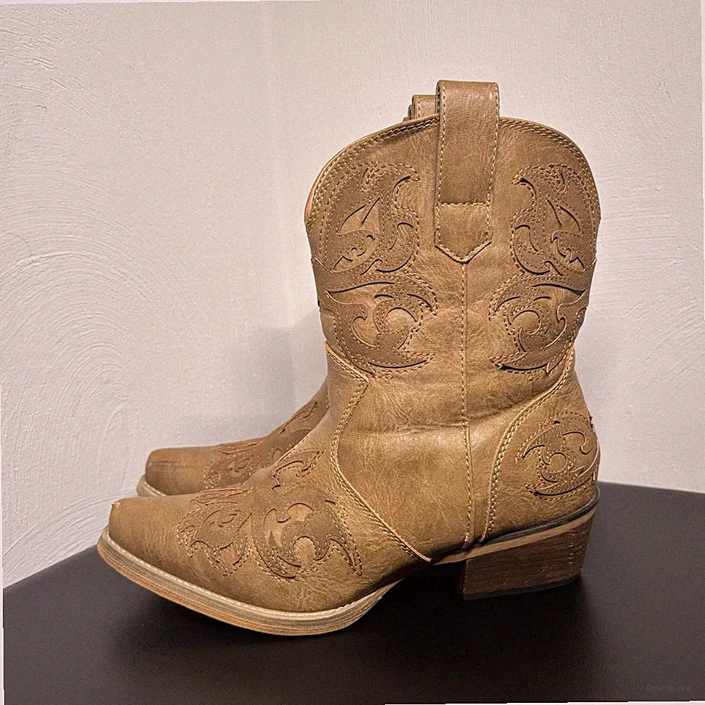 Rollda Women's Faux Leather Western Cowgirl Boots Fashion Cowboy Size 7 Brown