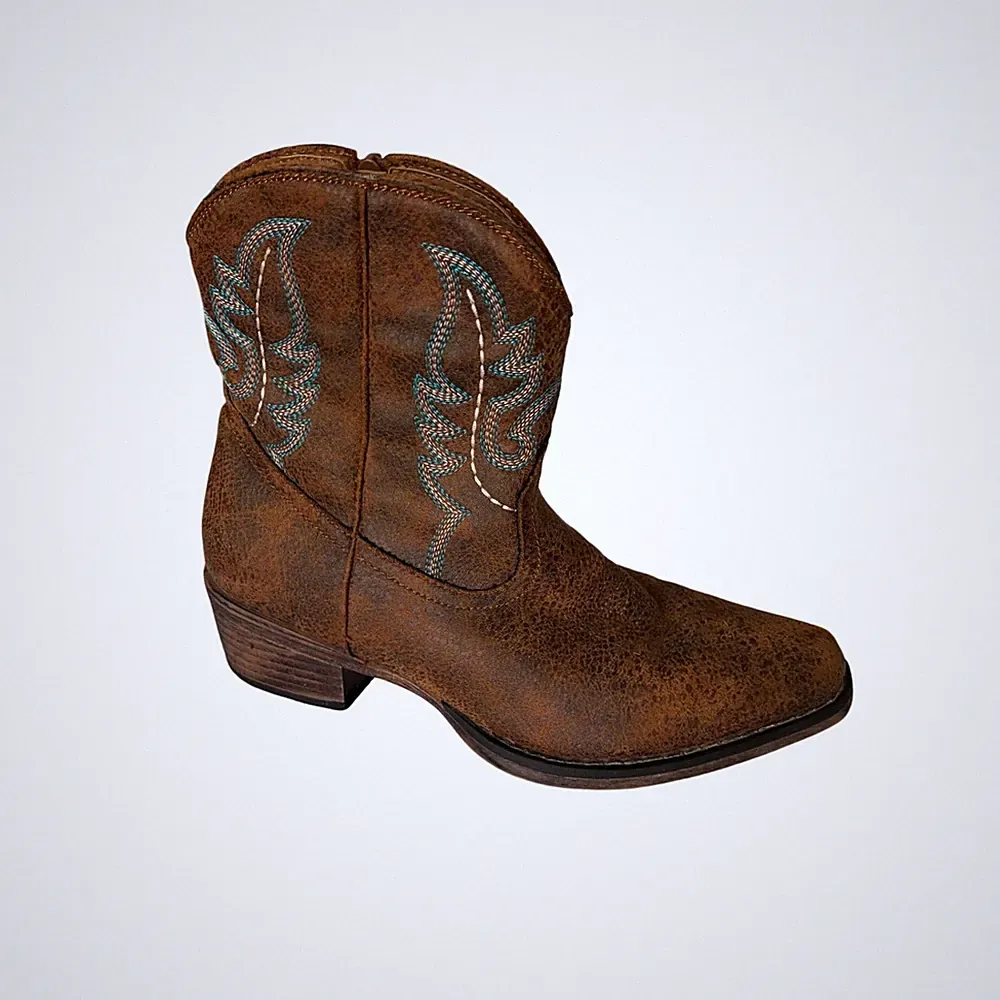 Roper Shay Cognac Brown Embroidered Turquoise Women Western Ankle Boots 5.5