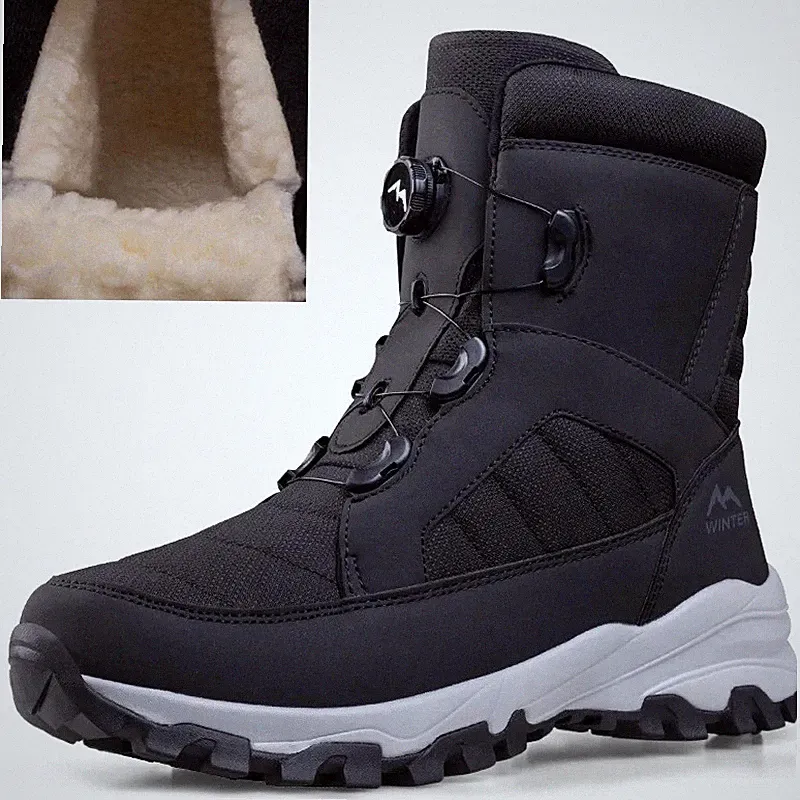 Rotating Button Men Boots Waterproot Outdoor Snow Boots Plush Warm Hiking Shoes