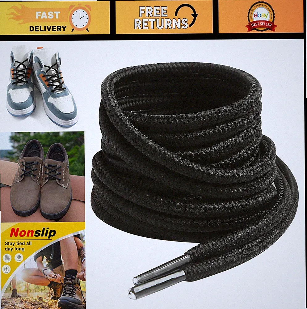 Round Boot Laces - 2 Pairs, 5/32" Durable Outdoor Work & Hiking Shoe Laces