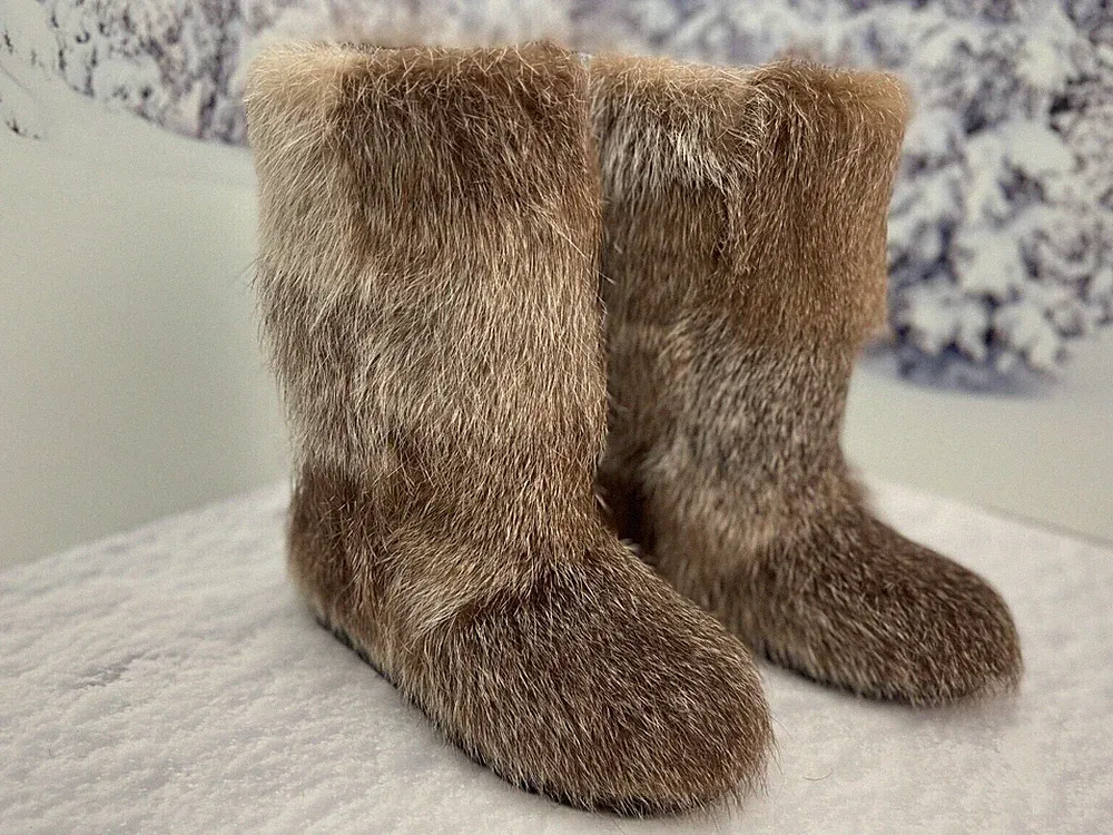 SALE Light brown nutria fur boots for women winter boots Size 5 Mukluks Real fur