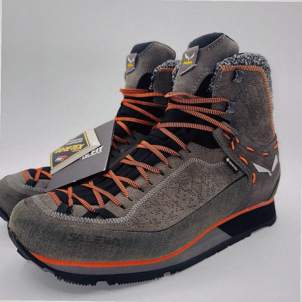 Salewa MTN Trainer 2 GTX Boots Men’s Size 9.5 Gray Orange Leather Wool Goretex