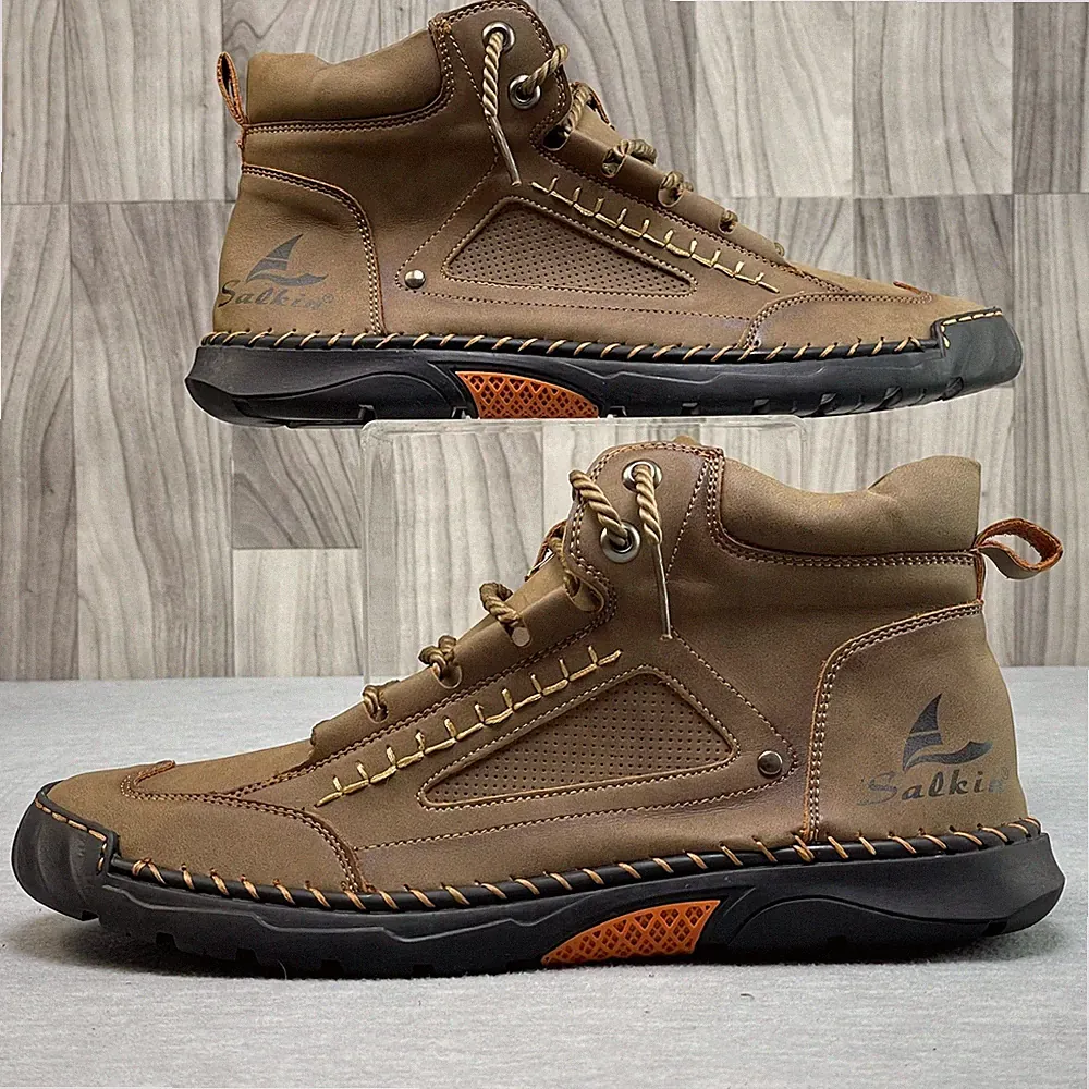 Salkin Hiking Shoe Men EU 46 US 12 Men Ankle Boots Vegan Leather Lace Up Brown