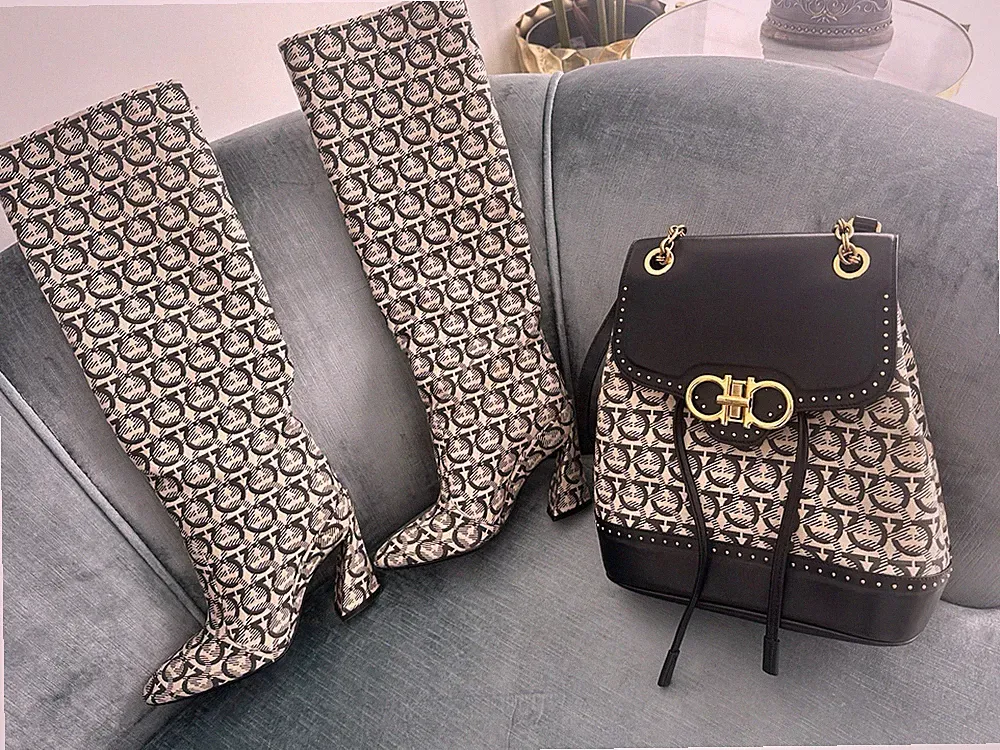 Salvatore Ferragamo Backpack Purse Chain Bag Boots Set Sz 6,5