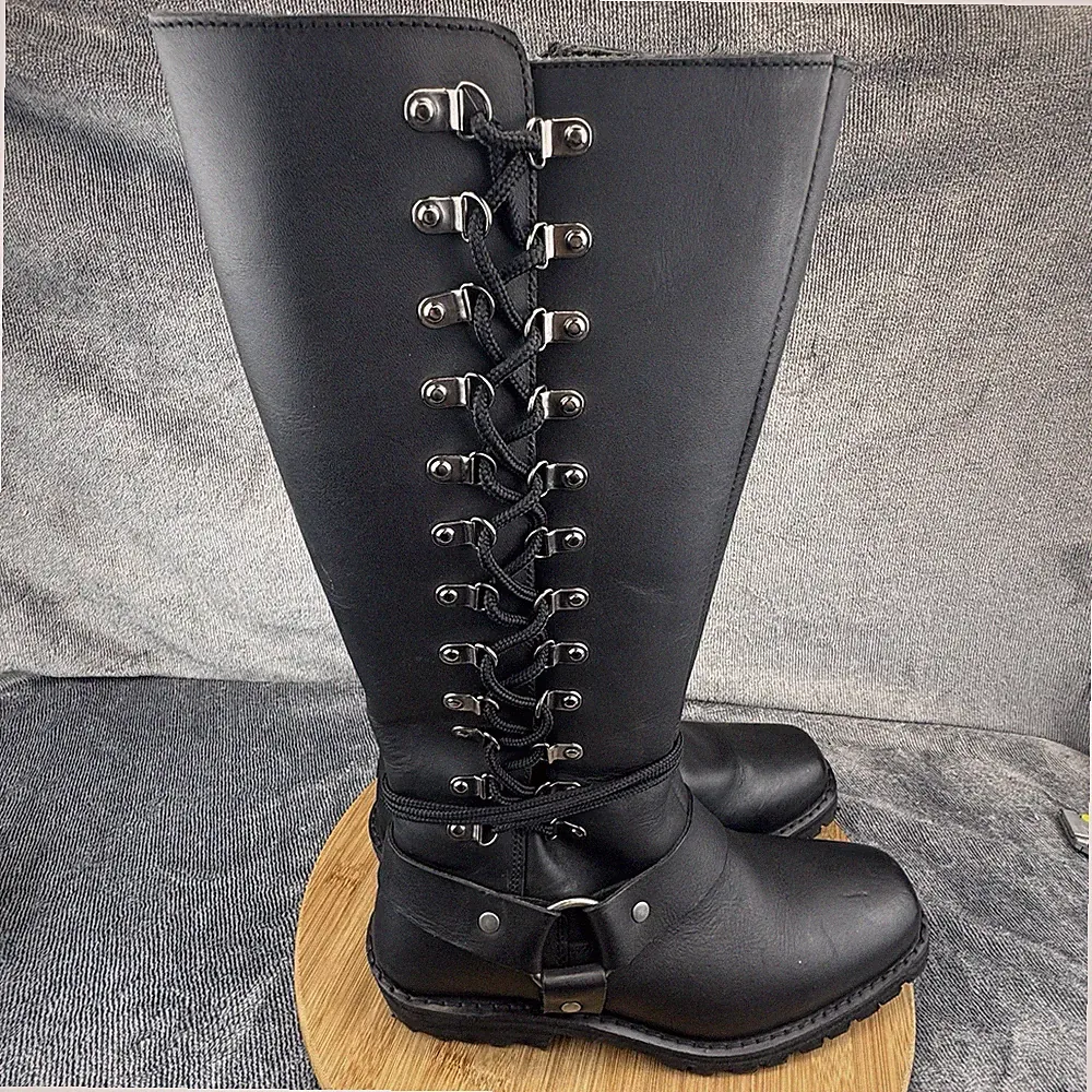 Savage Boots Leather Knee High Harness Lace Up Womens Size 9 Black Motorcycle