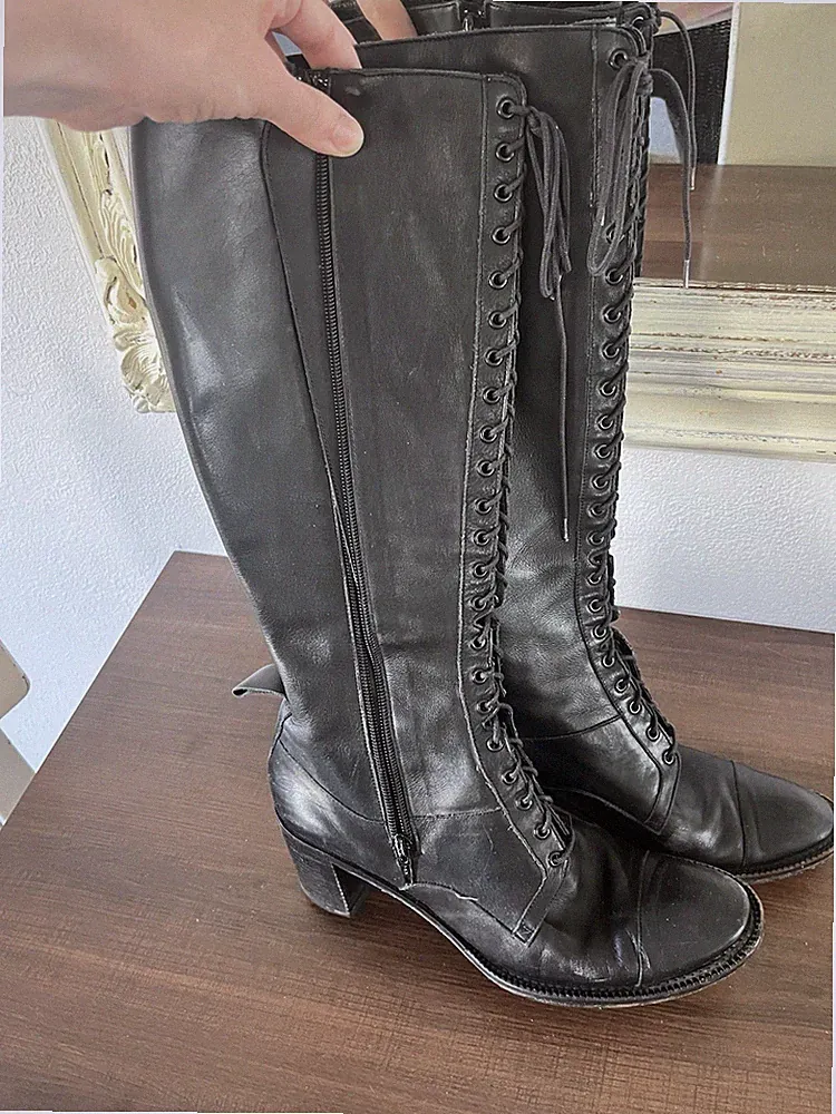 Semelle Cuir Black Leather Lace Up Heels Combat Boots Women’s Sz 8