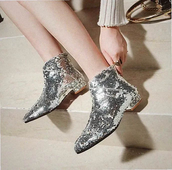 Sequins Women's Glitter Ankle Boots Chelsea Evening Shoes Pointed Toe Colourful