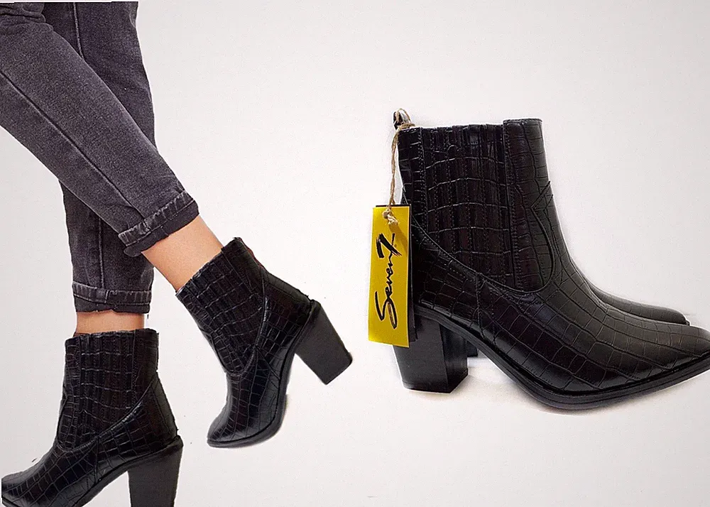 Seven7 9 Black Faux Leather Boots Chelsea Eve Croc Ankle NWT