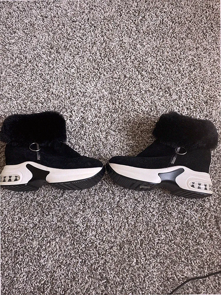 SHEIN Black Suede Fur Trim Ankle Bootie, Wedge, Round Toe, Women's Size 10