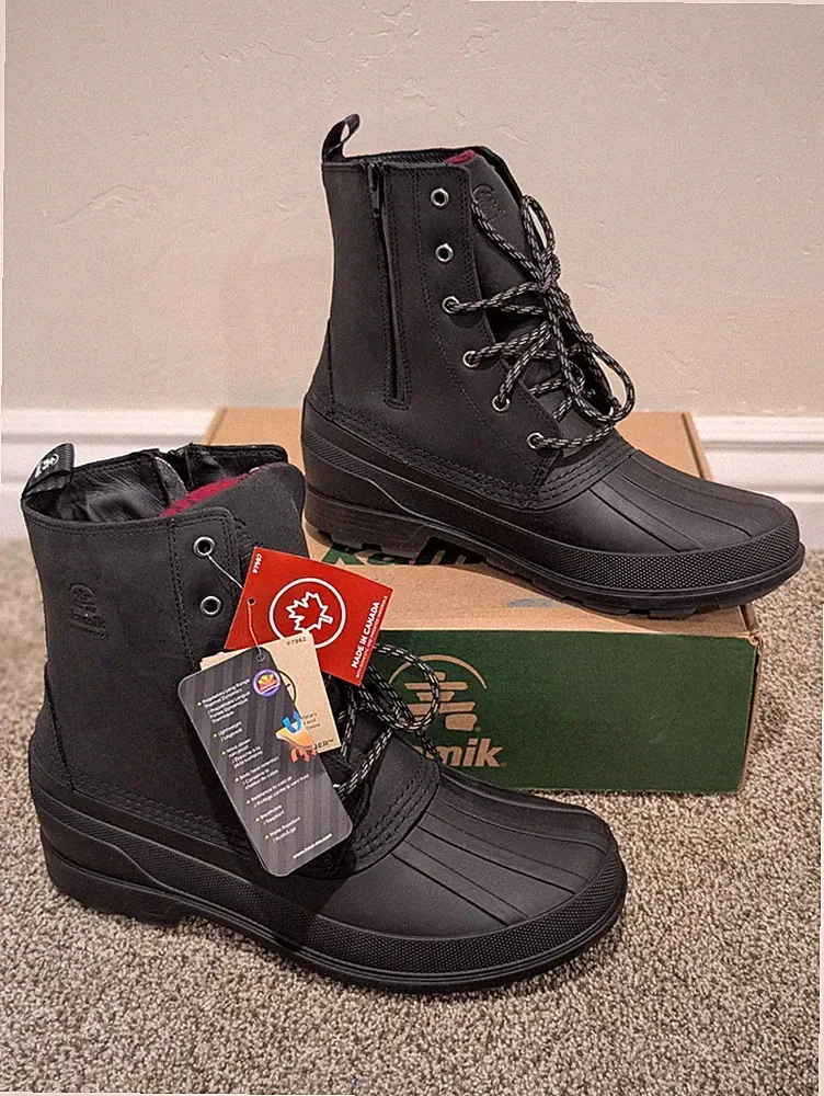 Size 11 Men's Kamik Lawrence L Black Zip Up Mid Calf Waterproof Leather Boots