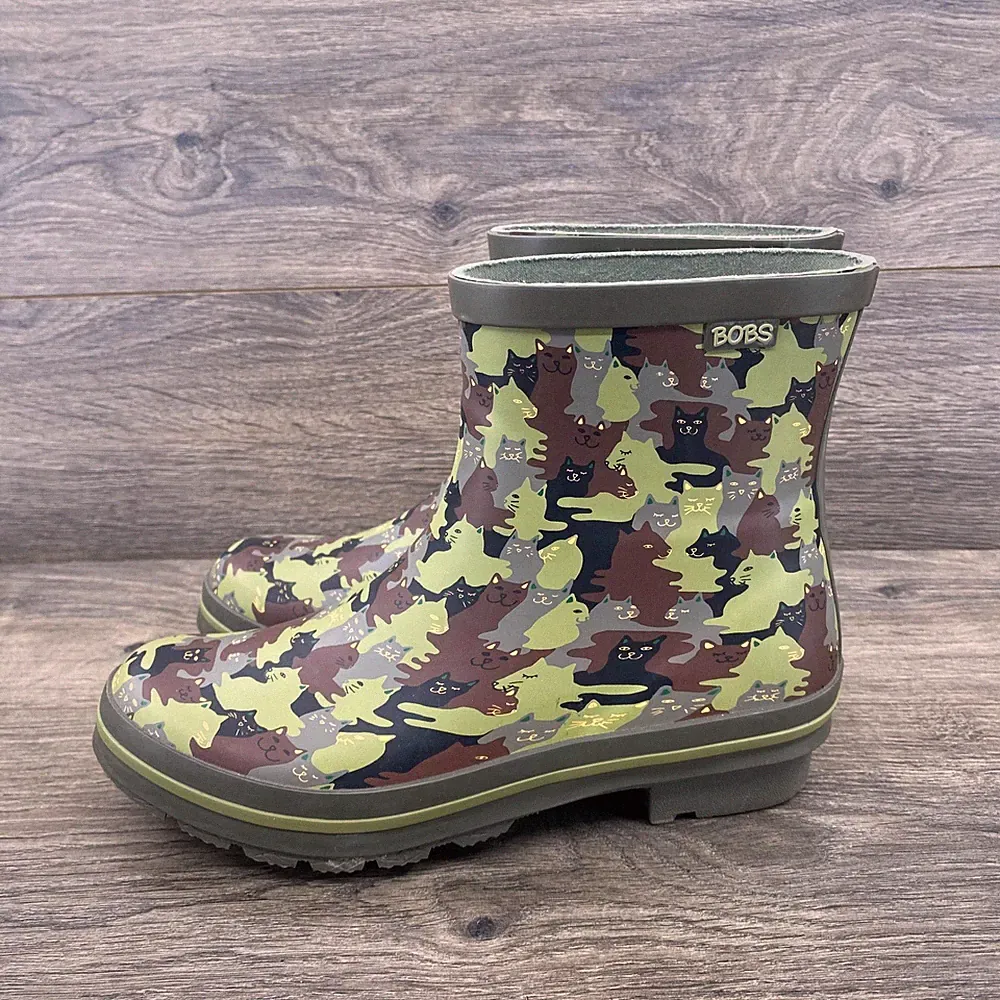 Skechers BOBS Rain Check Puddle Paws Cat Camo Rain Boots Womens 7 Green 113379