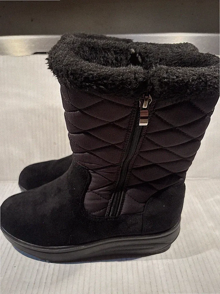 Snow Boots Women's Winter Casual 2 Zippers Boots Black Faux Fur Suede Size 6